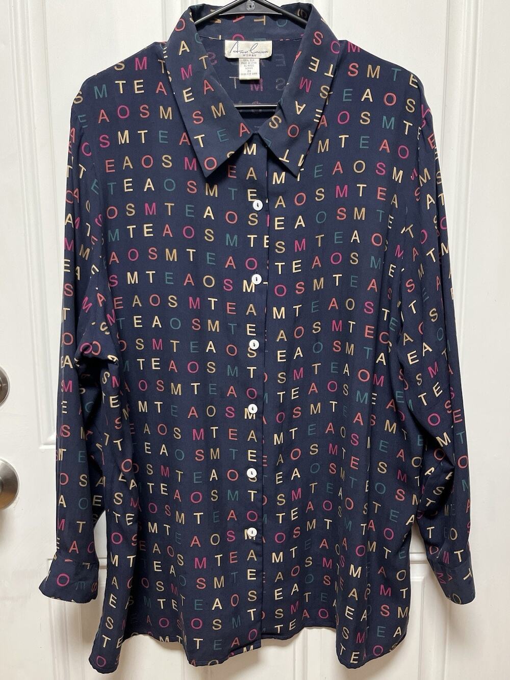 Vintage 100% Silk Alphabet Button Up Navy Blouse Womens Sz 2X 80s 90s Retro